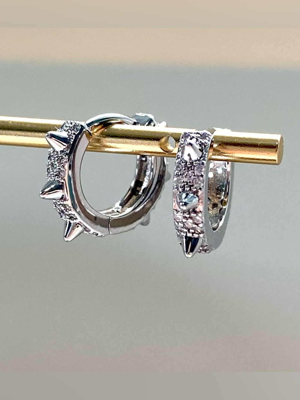 Silver Spike Huggie Hoop Earrings with Pavé Crystals - Silver